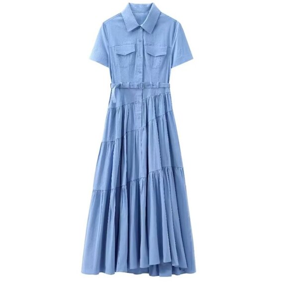 ZARA Belted Shirt Dress Light Blue Collared Maxi Asymmetric Seamwork Tiered XS - Picture 1 of 5
